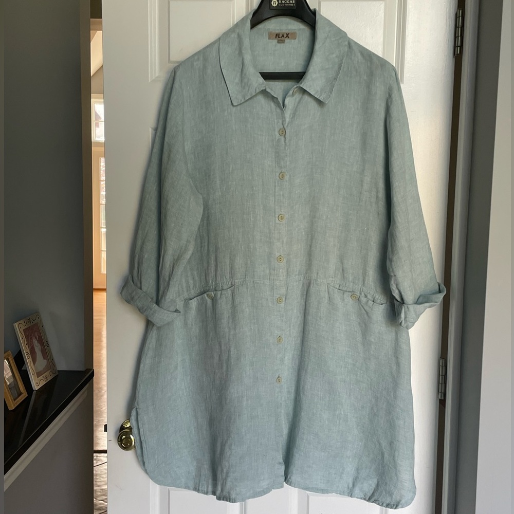 FLAX Designs Linen Daily Duster Jacket Large Seaglass Lagenlook Topper